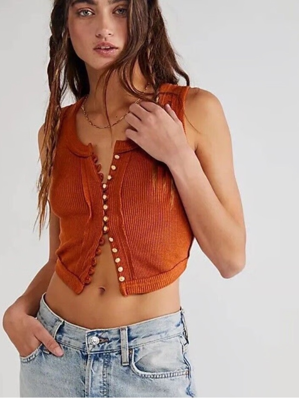 Free People Mabel Ruffle tank top large XS extra small rust boho festival